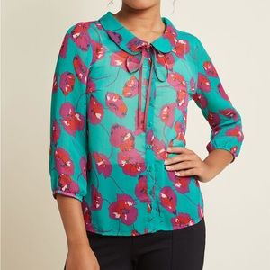 ModCloth Sheer Button-Up Tie-Neck Top Jade Florals
